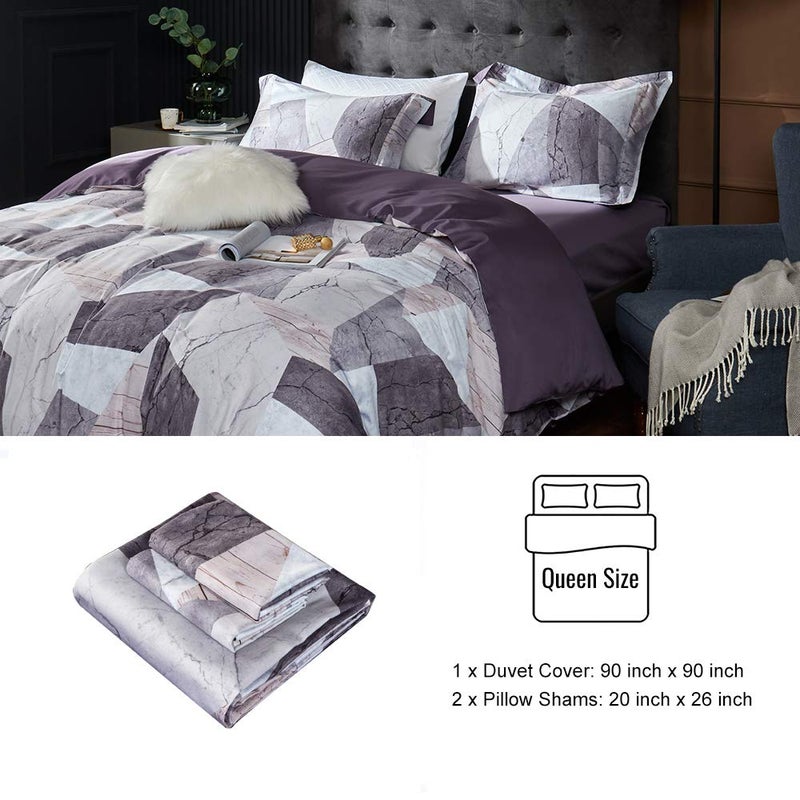 MILDLY 100% Long Staple Cotton Duvet Cover Set, 3pcs Geometric Marble Textured Pattern Printed Comforter Cover Set - Image 4